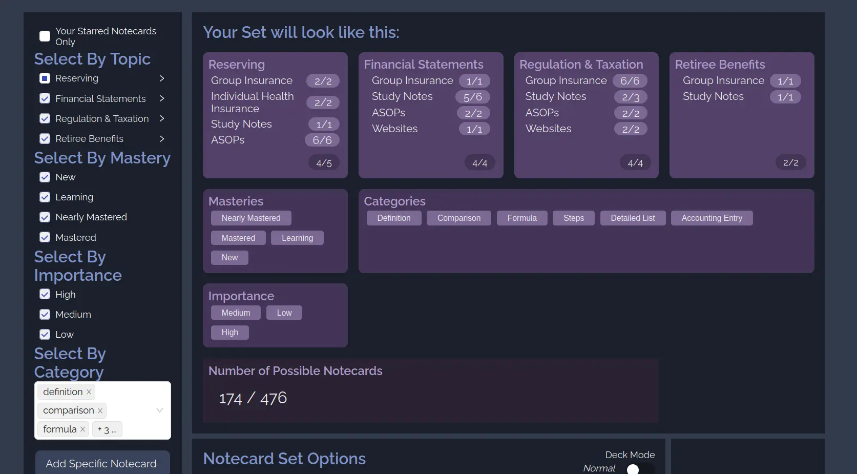screenshot of building a notecard set