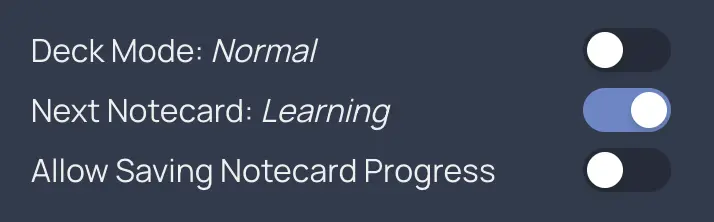 screenshot of the notecard learning mode toggle